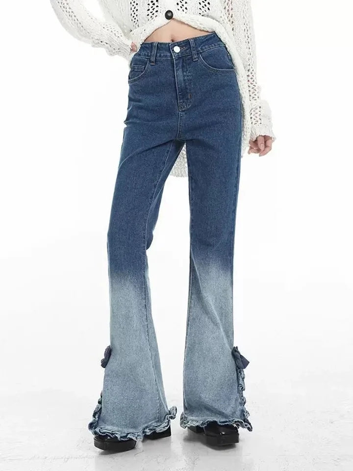 Bow Ruffle Slit Gradient Flare Jeans