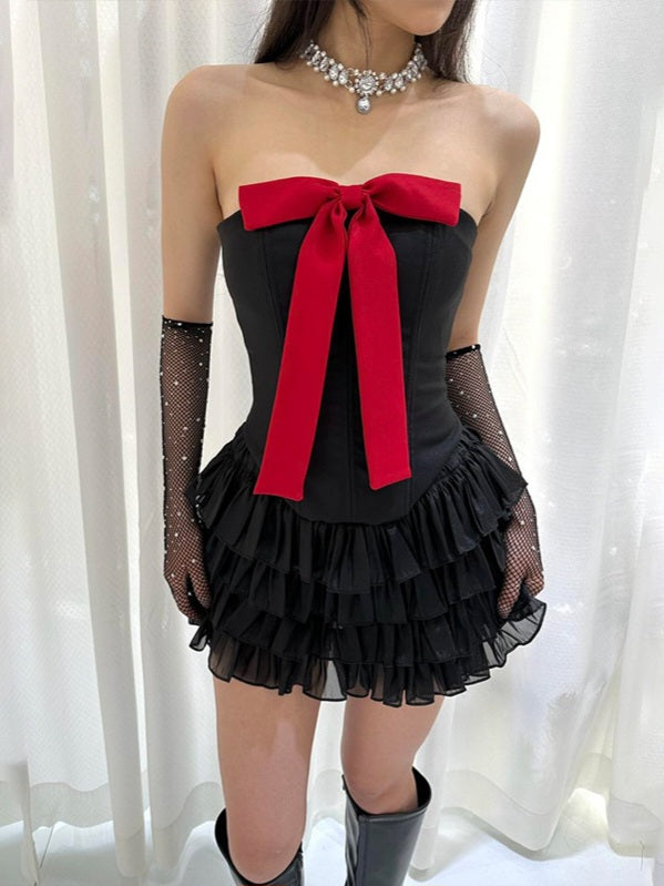 Bow Tiered Ruffle Strapless Mini Dress