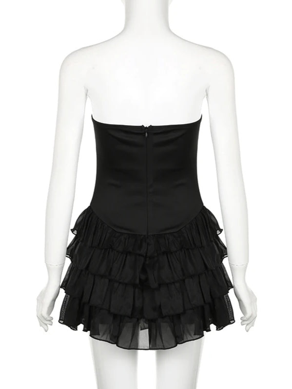 Bow Tiered Ruffle Strapless Mini Dress