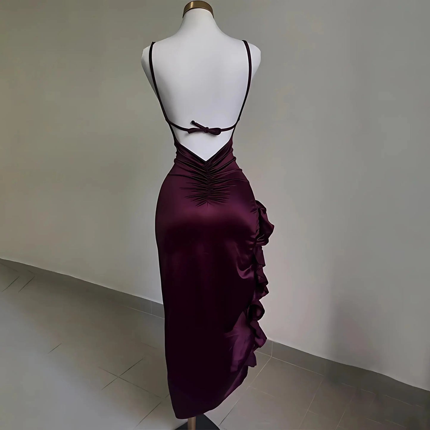 Burgundy Ruffled High Slit Ruched Bust Dress