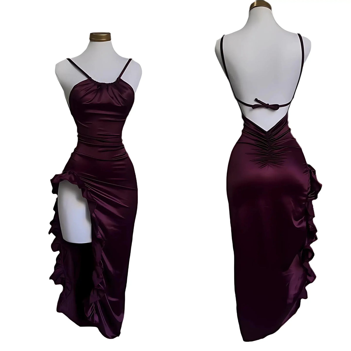 Burgundy Ruffled High Slit Ruched Bust Dress