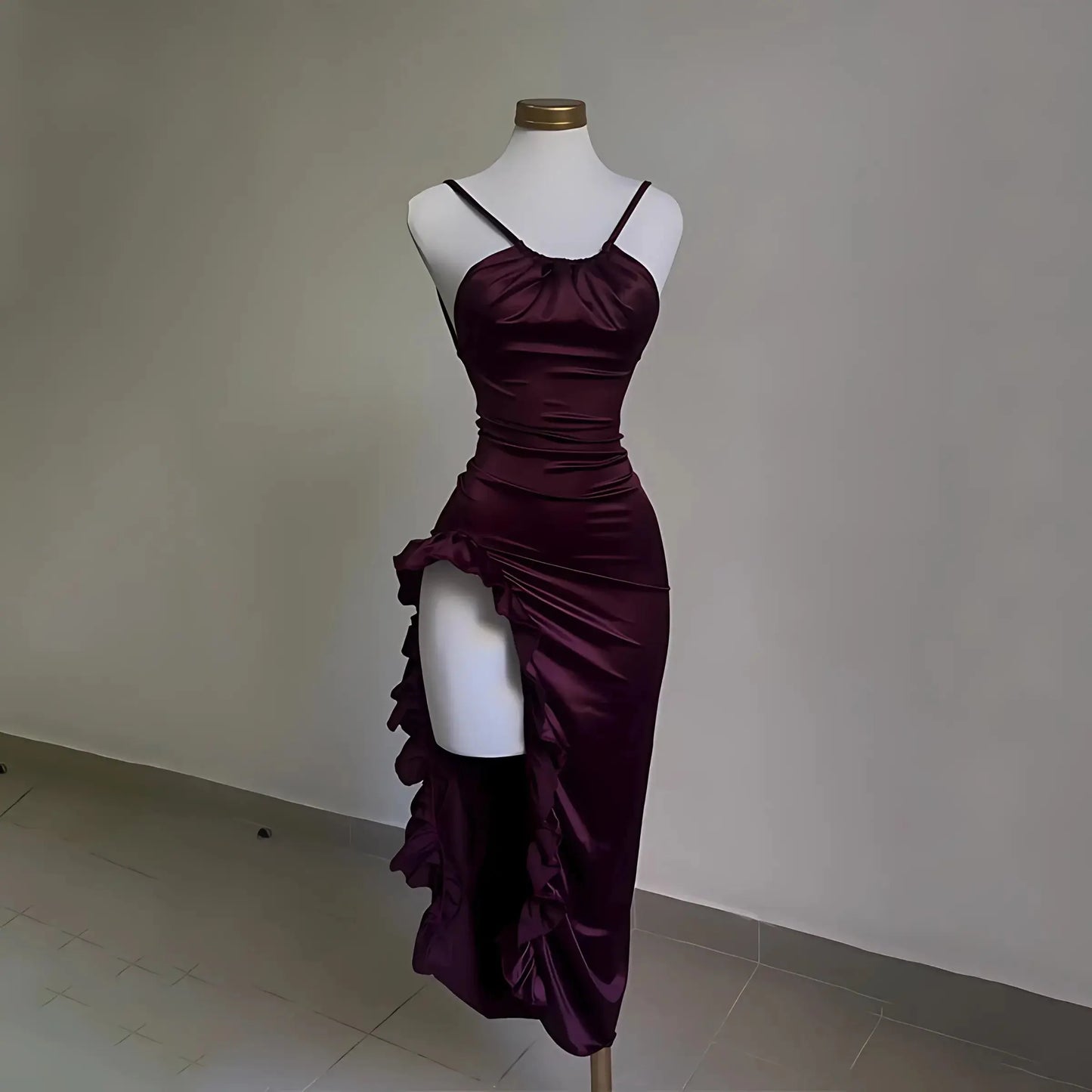 Burgundy Ruffled High Slit Ruched Bust Dress