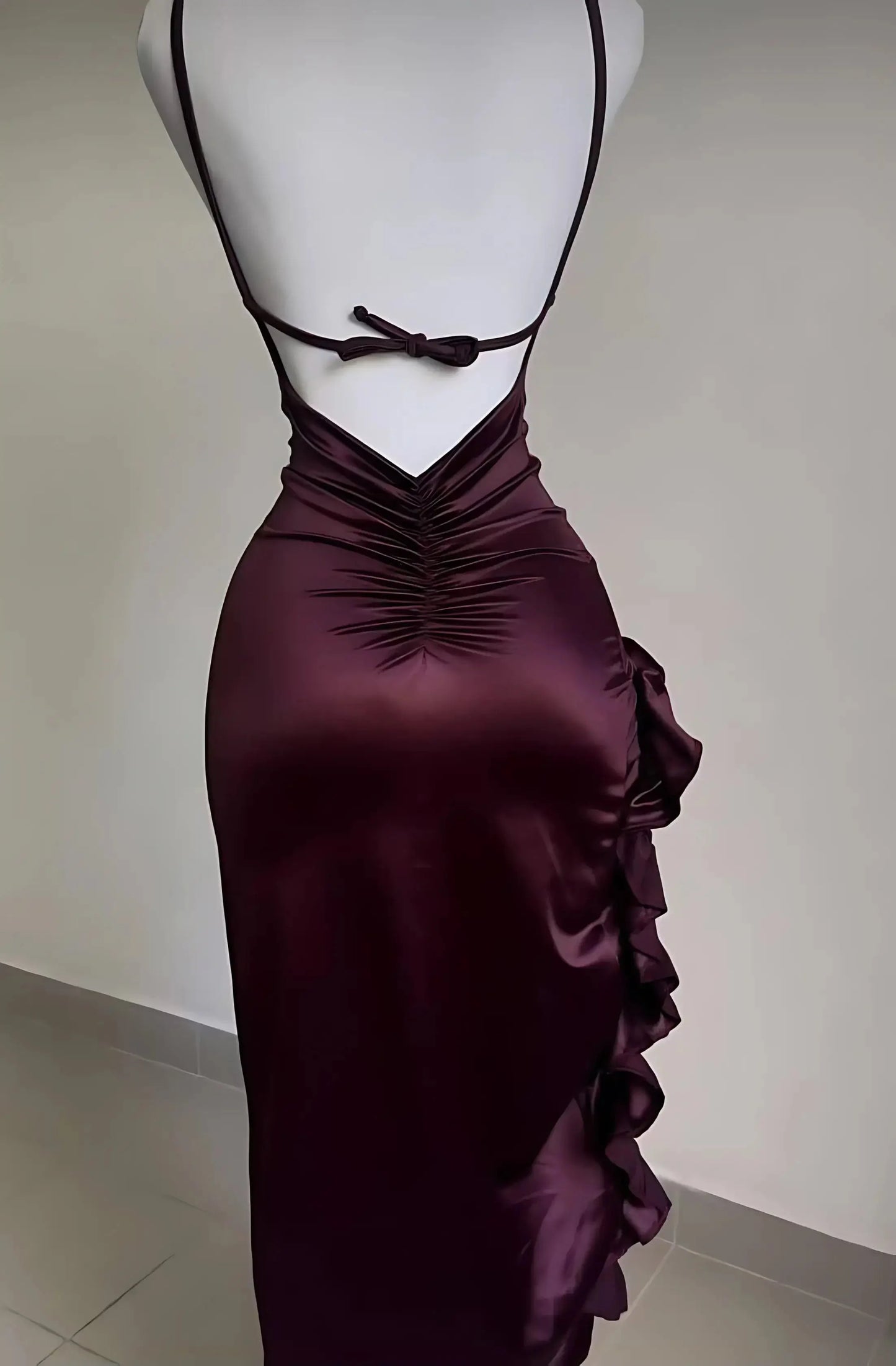 Burgundy Ruffled High Slit Ruched Bust Dress