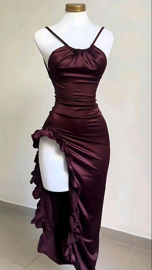 Burgundy Ruffled High Slit Ruched Bust Dress