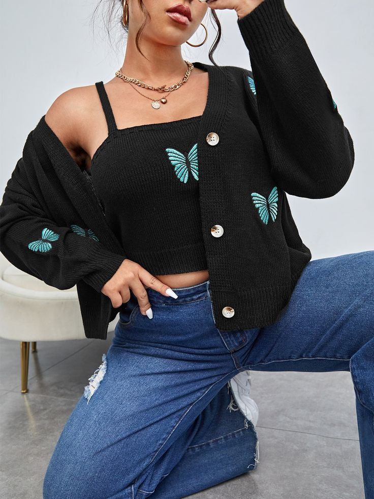 Butterfly Embroidery Knit Cami and Cardigan Set