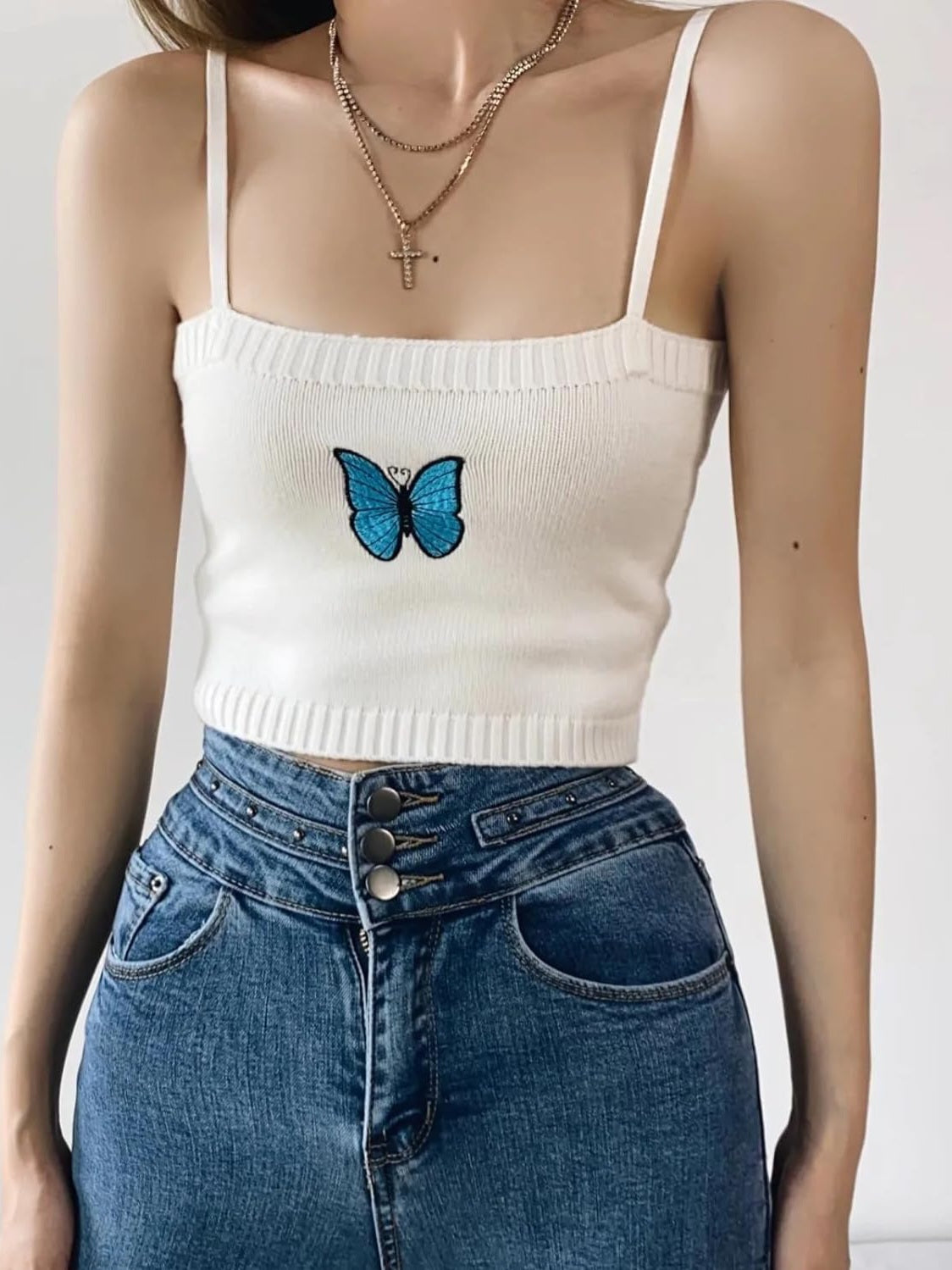 Butterfly Embroidery Knit Cami and Cardigan Set