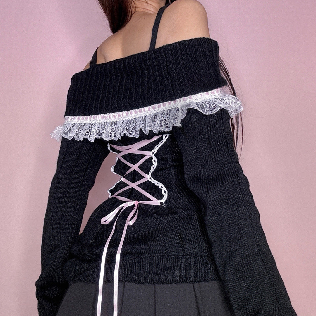 Cable Knit Ribbon Lace Up Cold-Shoulder Sweater