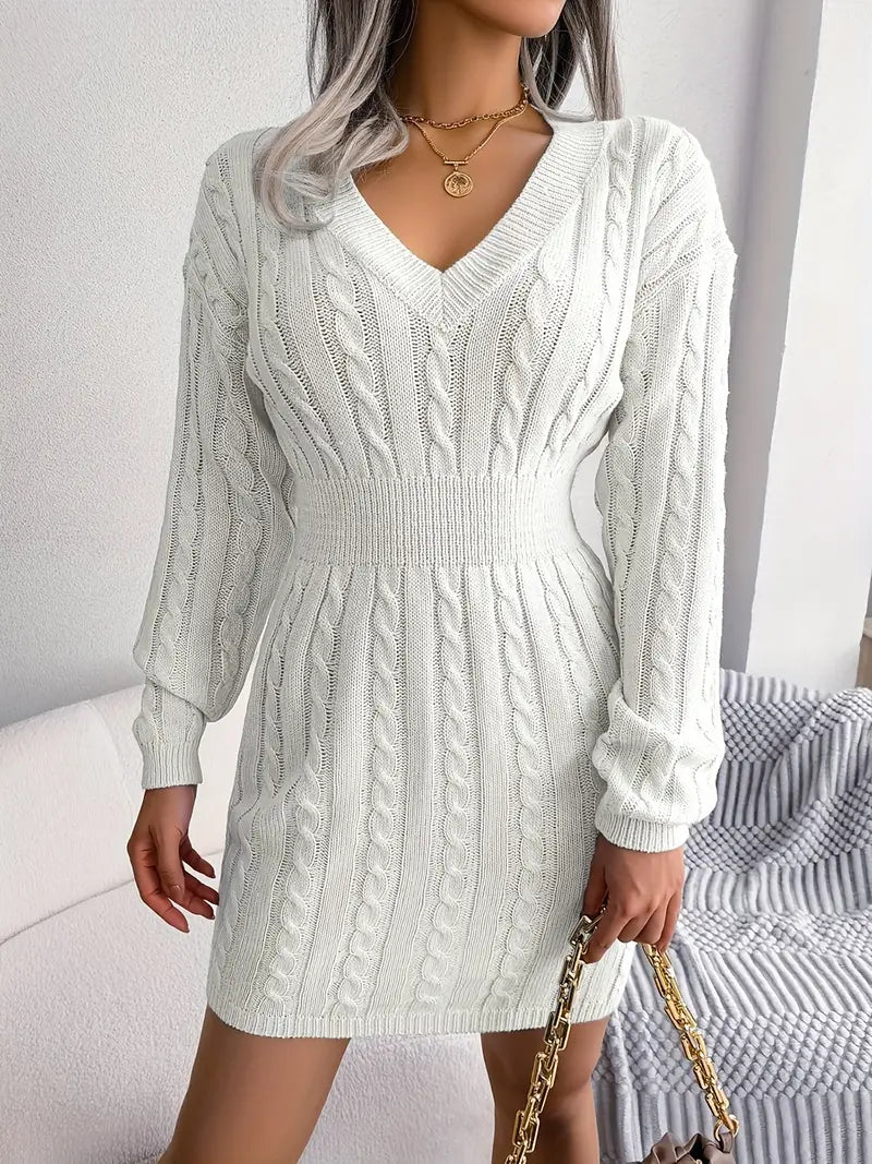 Cable Knit V Neck Sweater Dress