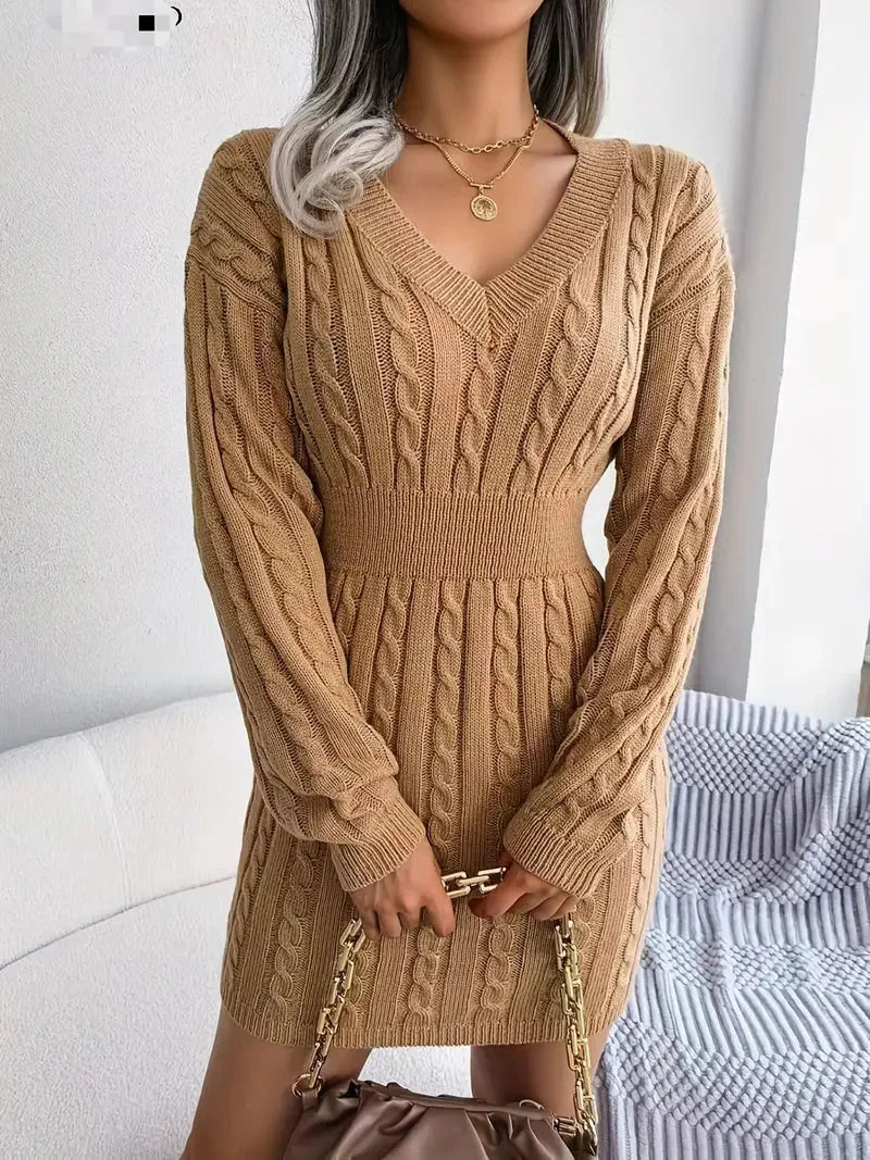 Cable Knit V Neck Sweater Dress