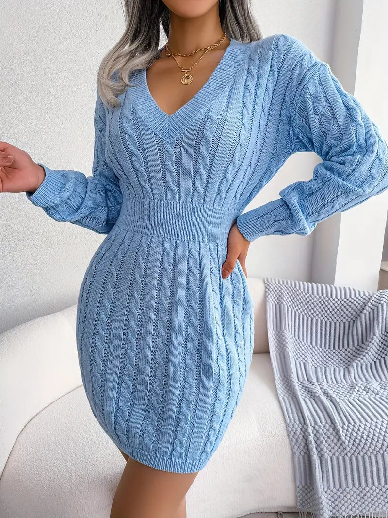 Cable Knit V Neck Sweater Dress