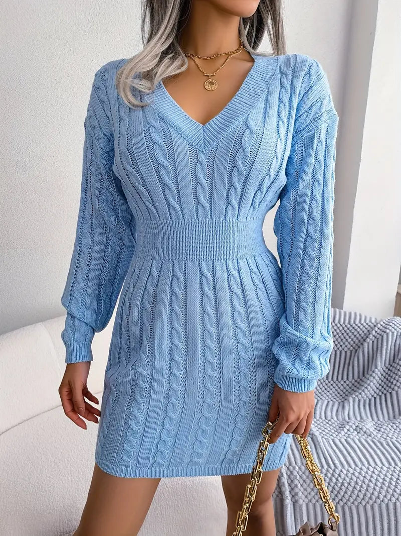 Cable Knit V Neck Sweater Dress