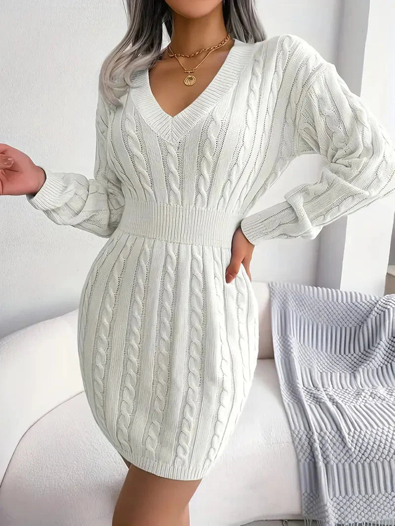 Cable Knit V Neck Sweater Dress