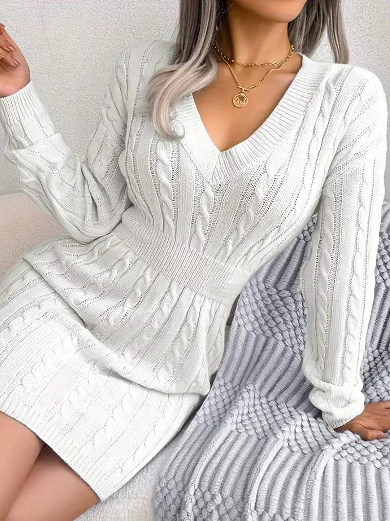 Cable Knit V Neck Sweater Dress