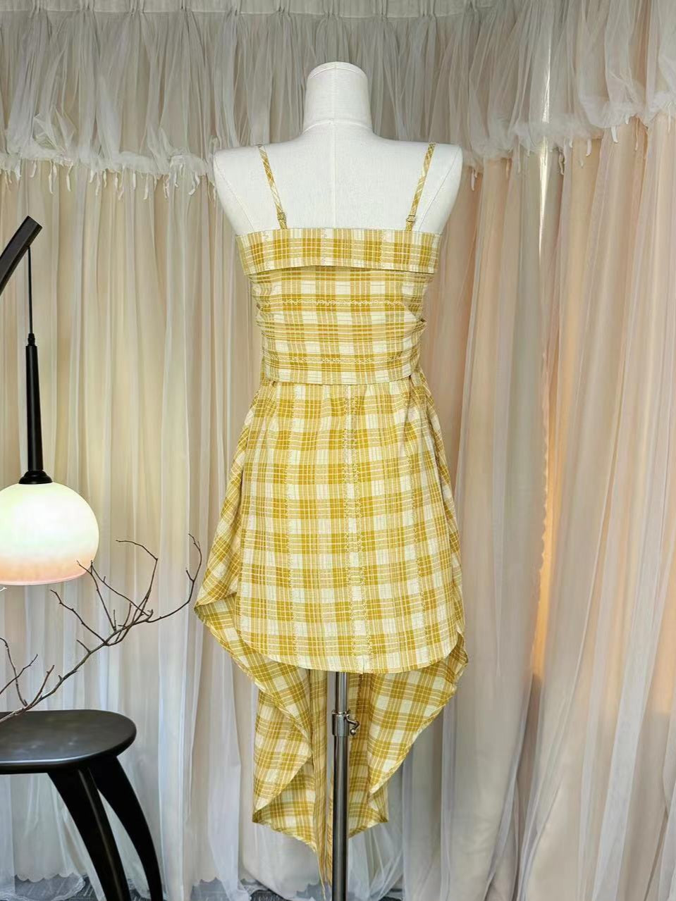 Checkered Irregular Hem Bow Top