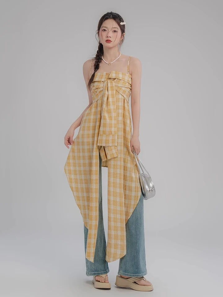 Checkered Irregular Hem Bow Top