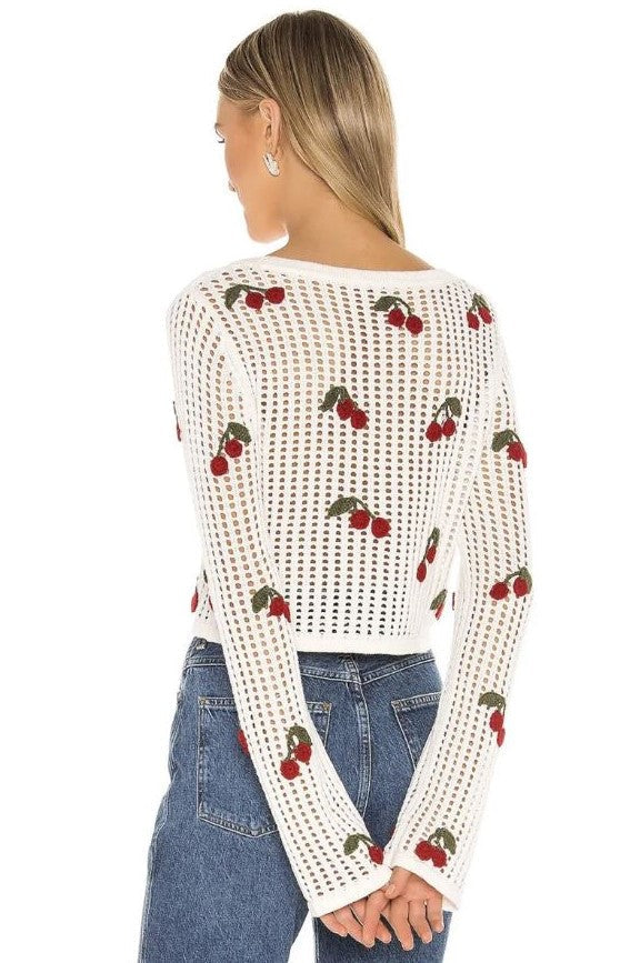 Cherry Embroidery Knitted V Neck Crop Top Cardigan