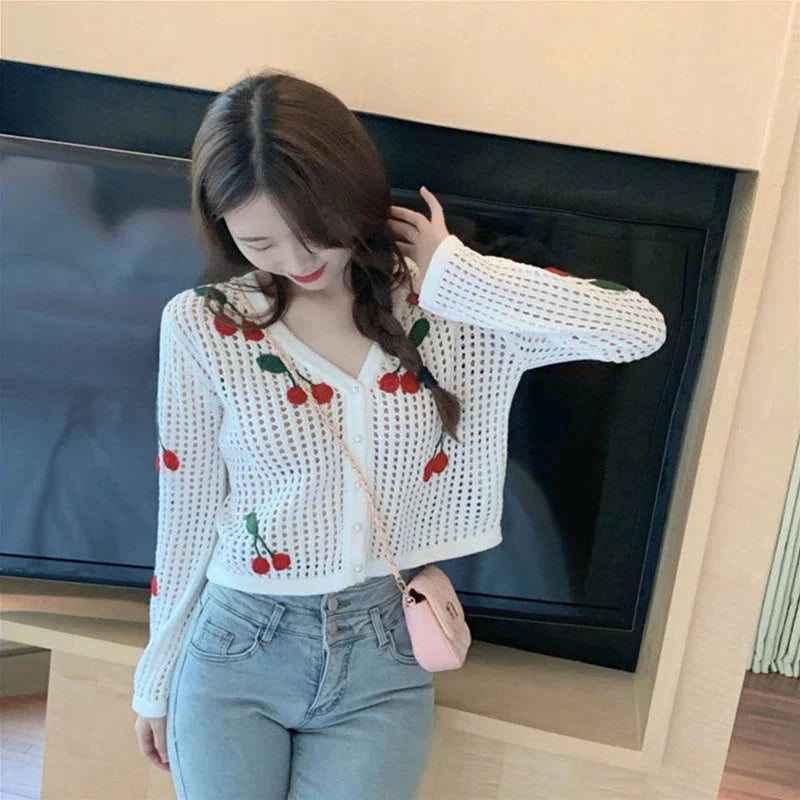 Cherry Embroidery Knitted V Neck Crop Top Cardigan