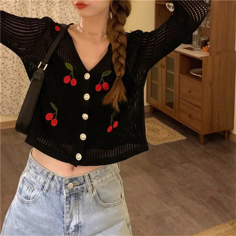 Cherry Embroidery Knitted V Neck Crop Top Cardigan