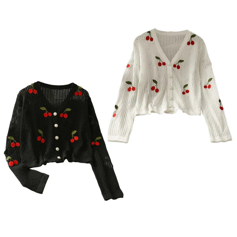 Cherry Embroidery Knitted V Neck Crop Top Cardigan