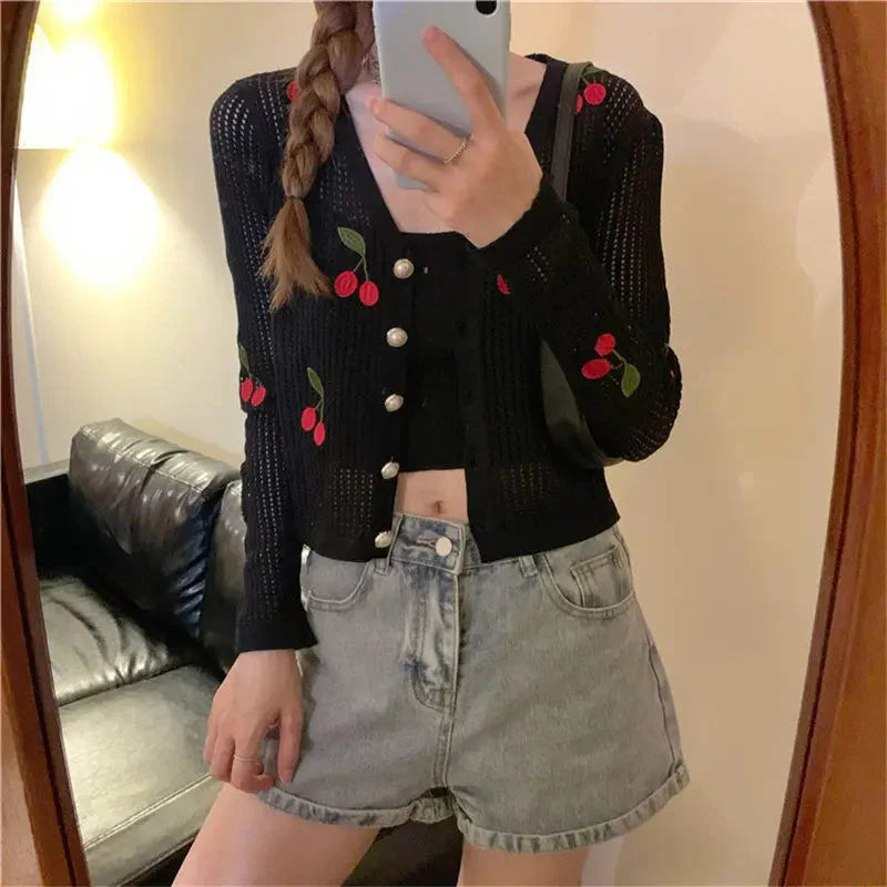 Cherry Embroidery Knitted V Neck Crop Top Cardigan