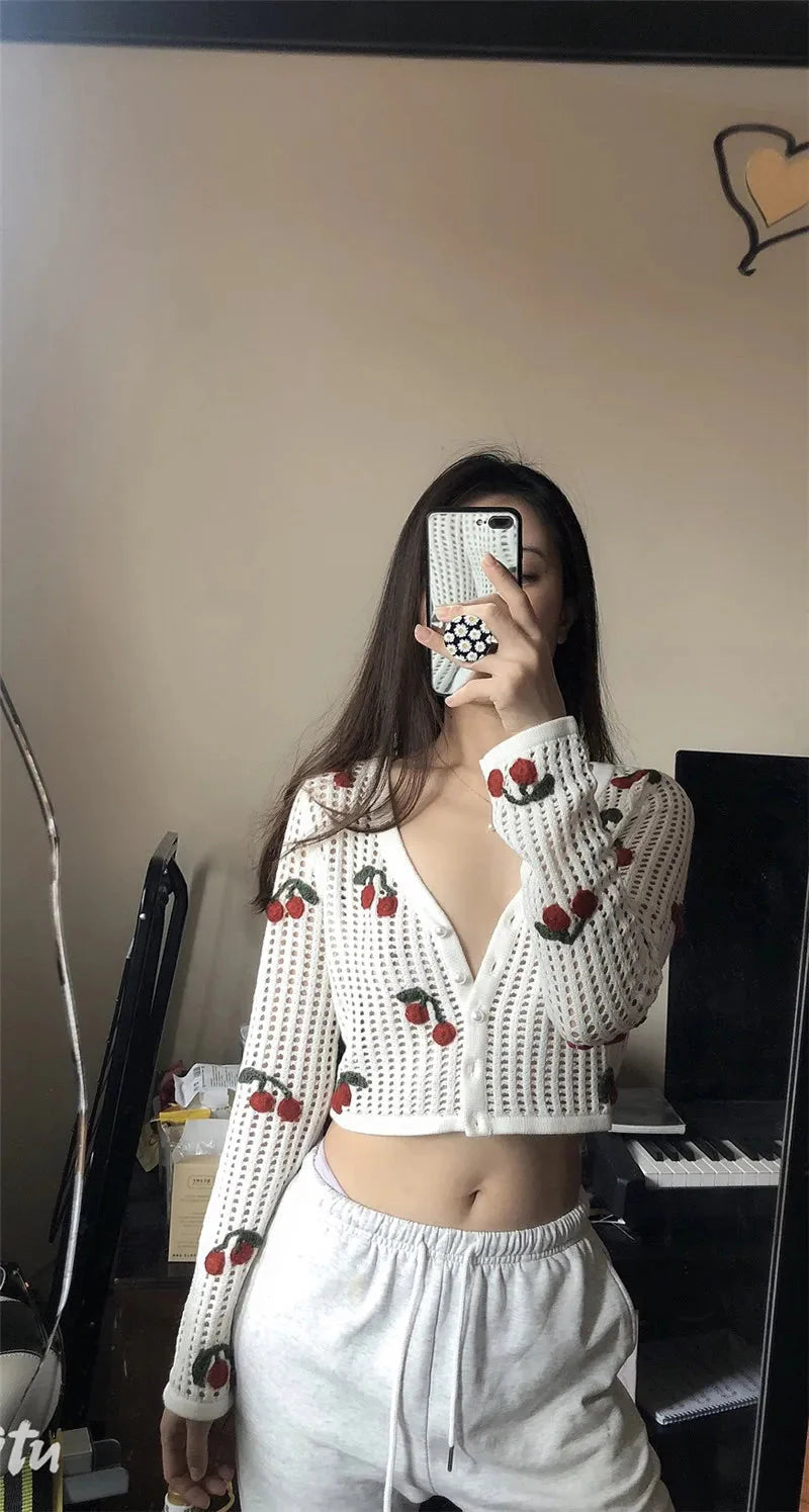 Cherry Embroidery Knitted V Neck Crop Top Cardigan