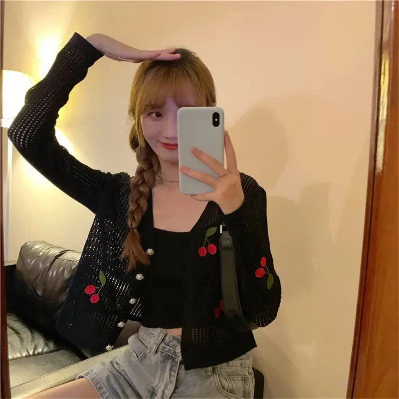 Cherry Embroidery Knitted V Neck Crop Top Cardigan