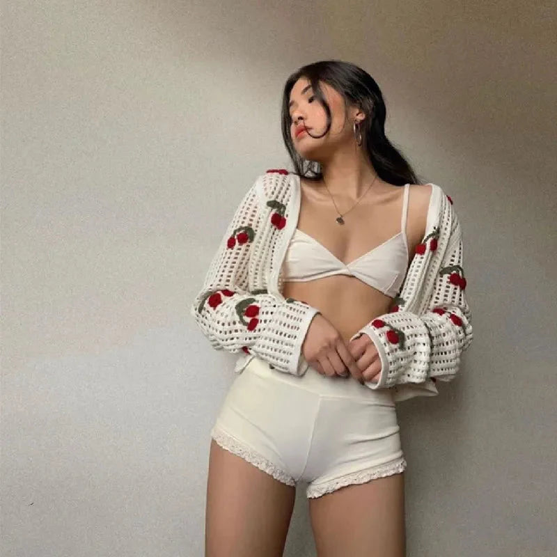 Cherry Embroidery Knitted V Neck Crop Top Cardigan