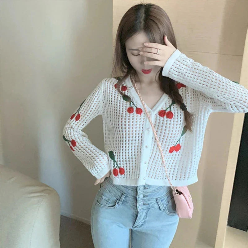 Cherry Embroidery Knitted V Neck Crop Top Cardigan