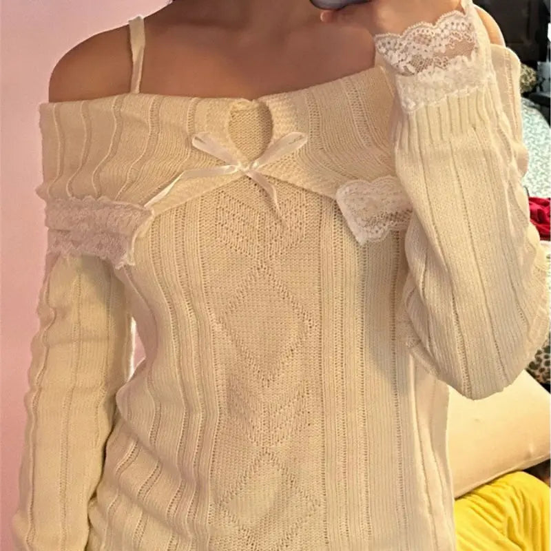 Cold Shoulder Lace Trim Knit Sweater