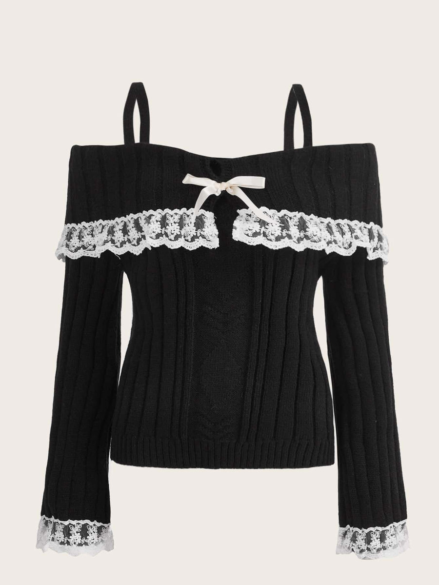 Cold Shoulder Lace Trim Knit Sweater