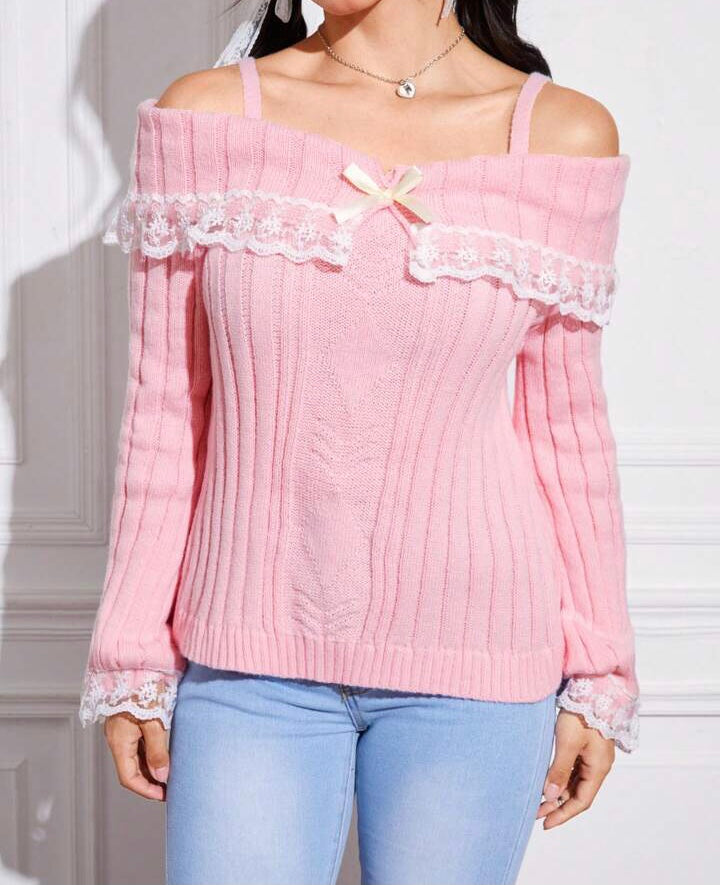 Cold Shoulder Lace Trim Knit Sweater