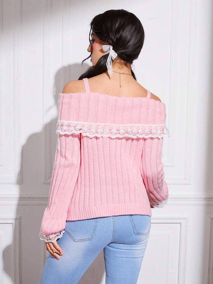 Cold Shoulder Lace Trim Knit Sweater