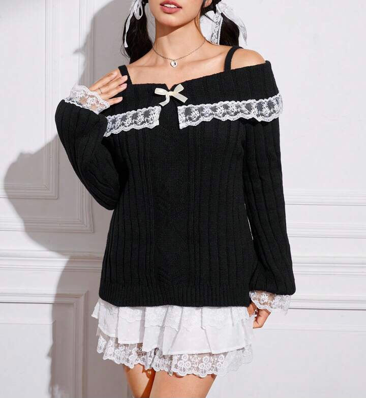 Cold Shoulder Lace Trim Knit Sweater