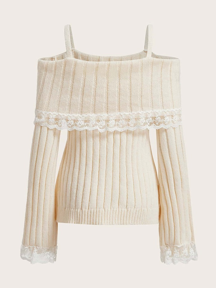 Cold Shoulder Lace Trim Knit Sweater