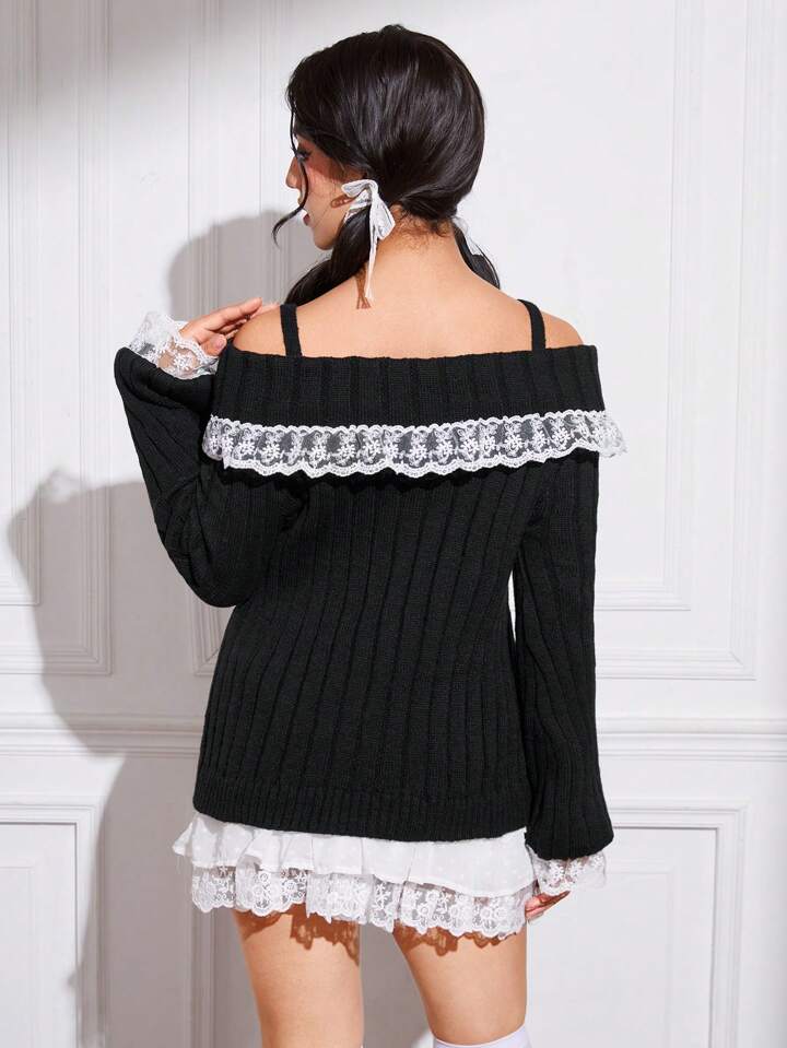 Cold Shoulder Lace Trim Knit Sweater