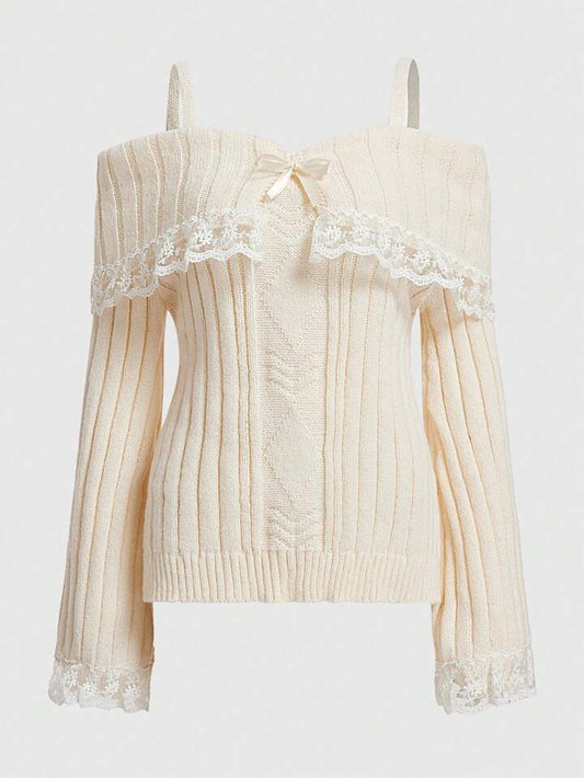 Cold Shoulder Lace Trim Knit Sweater