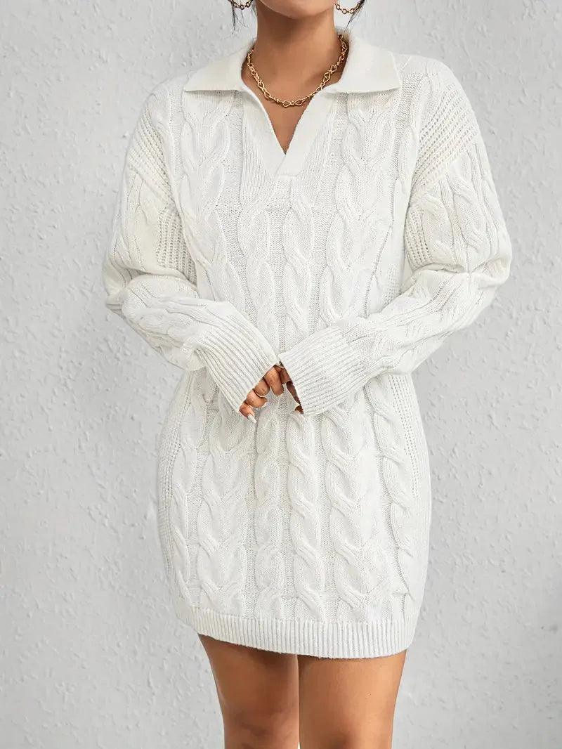 Collar Neck Cable Knit Sweater Dress