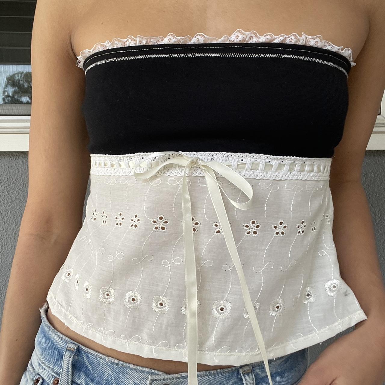 Contrast Broderie Bandeau Tie-Front Crop Top