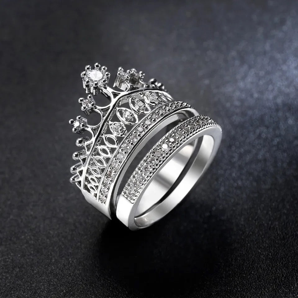 Crown Zirconia Silver Plated Bridal Ring Set