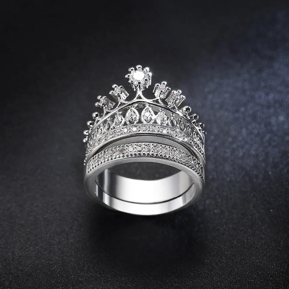 Crown Zirconia Silver Plated Bridal Ring Set