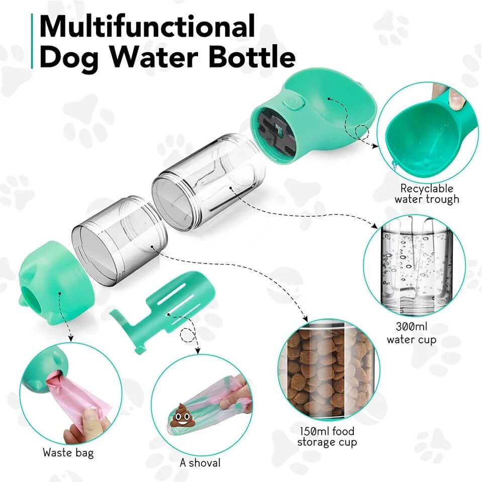 Dog Water Bottle, Food Bowl, Poop Dispenser Kit (4 Pack)