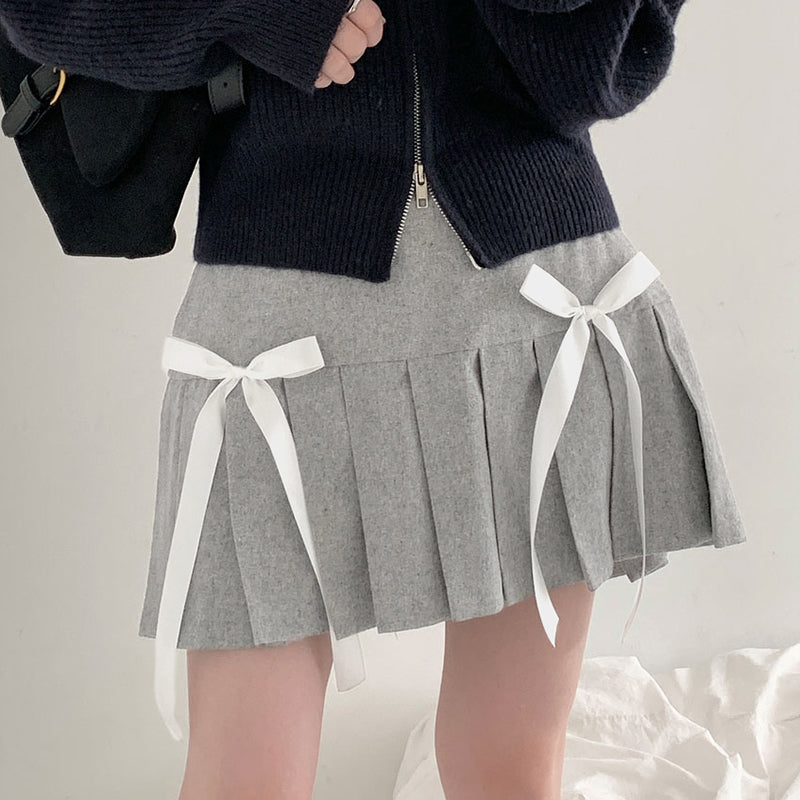 Double Bow Pleated Mini Skirt