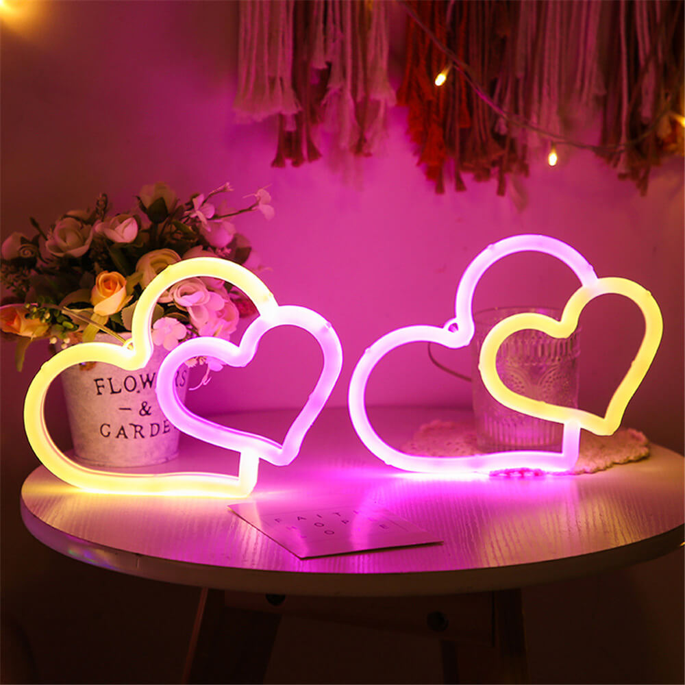 Double Heart Neon Light