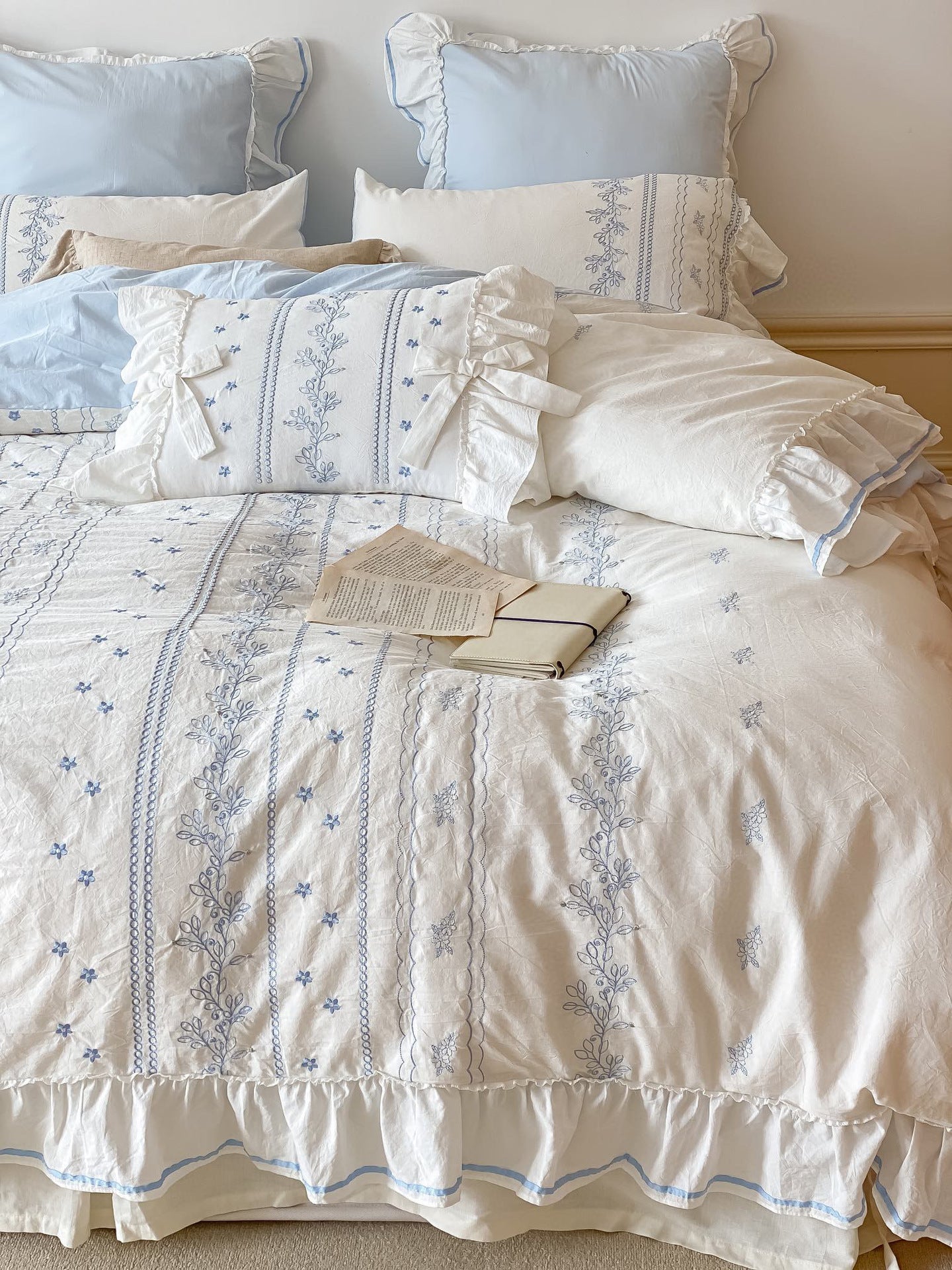 Embroided French Lace Ruffle Bedding Set