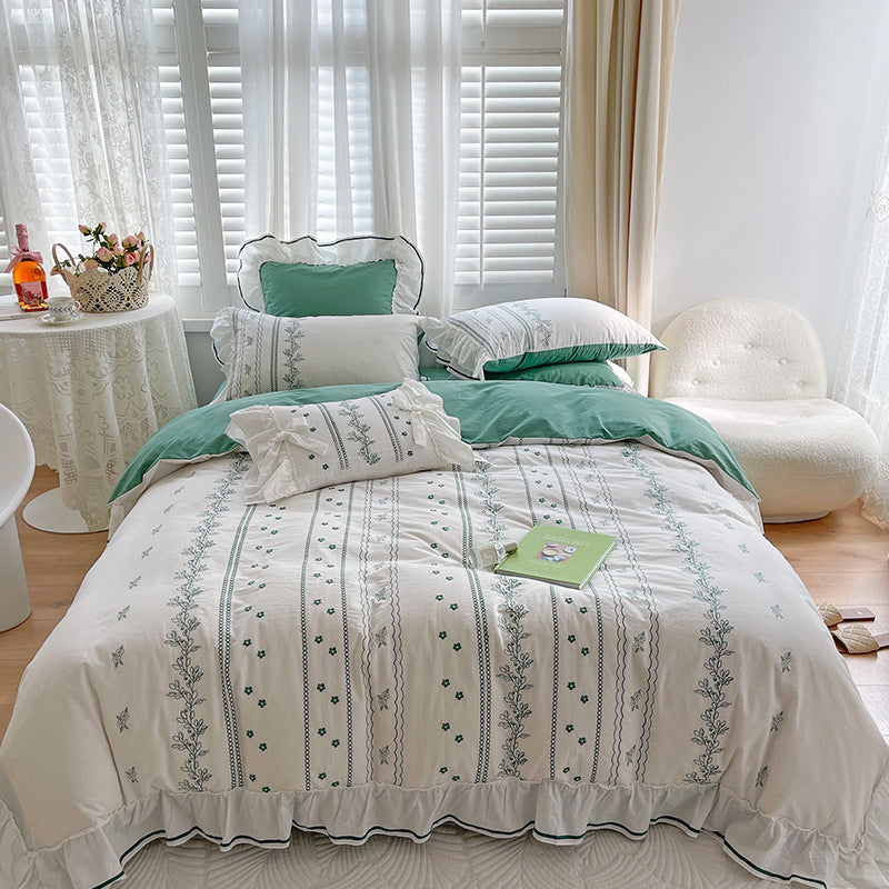 Embroided French Lace Ruffle Bedding Set