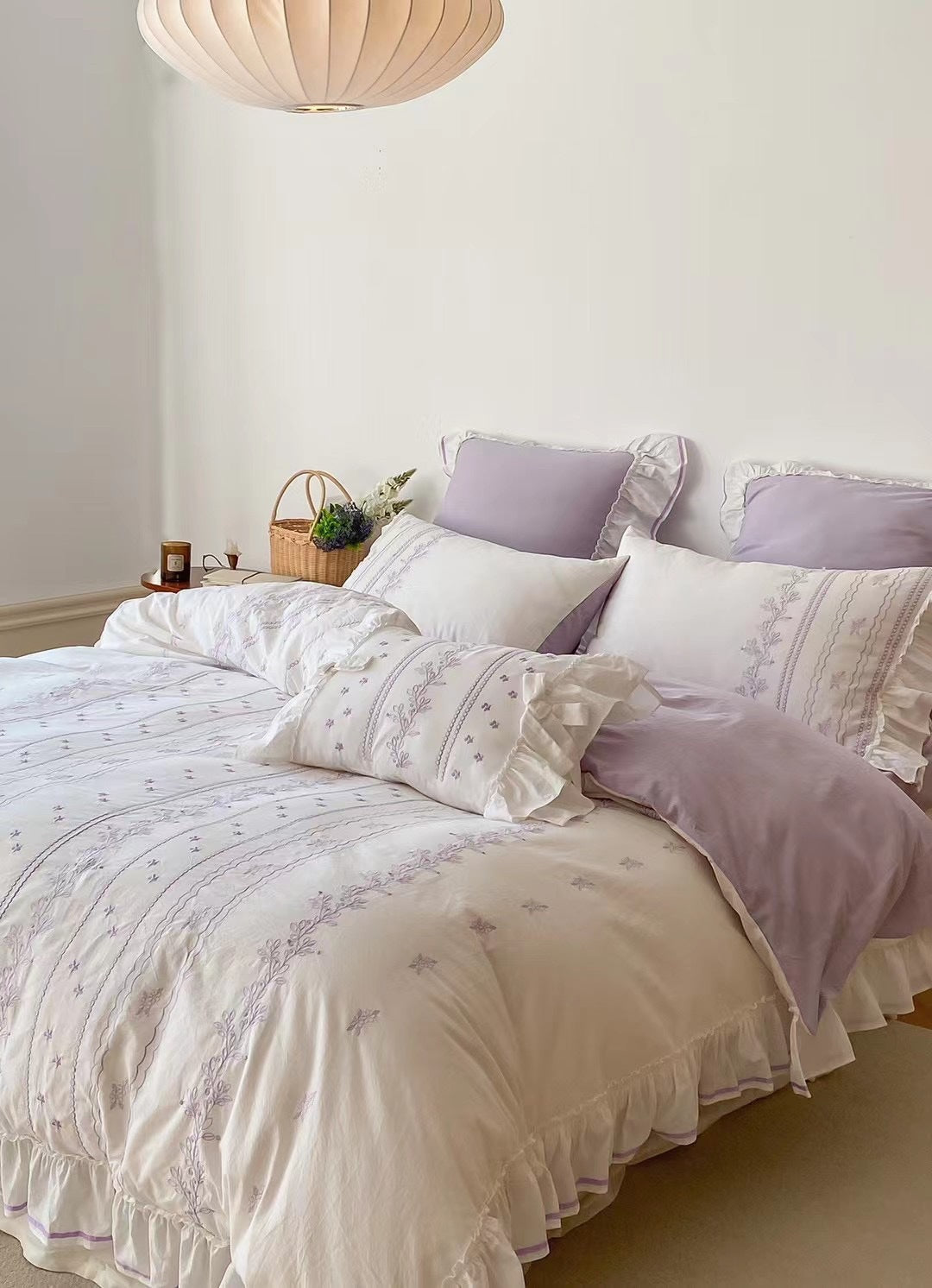 Embroided French Lace Ruffle Bedding Set