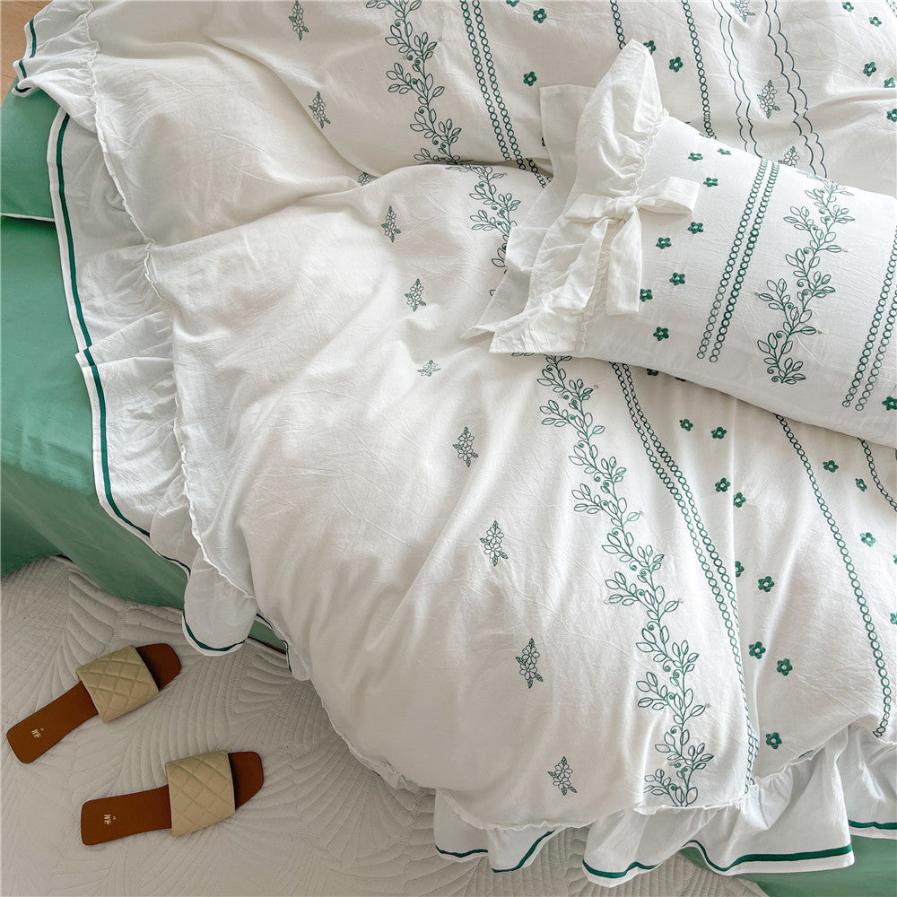 Embroided French Lace Ruffle Bedding Set