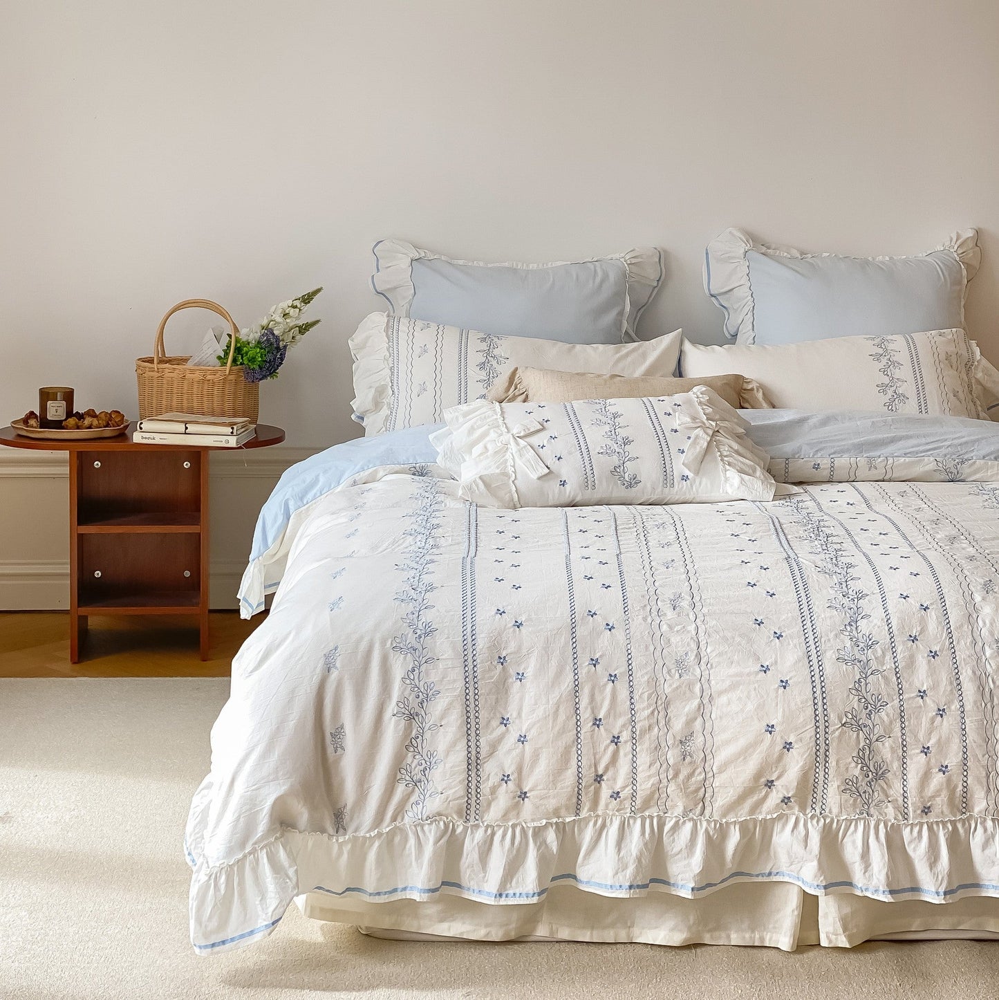 Embroided French Lace Ruffle Bedding Set