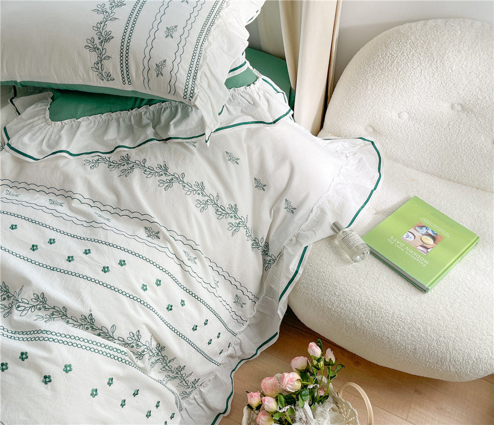 Embroided French Lace Ruffle Bedding Set