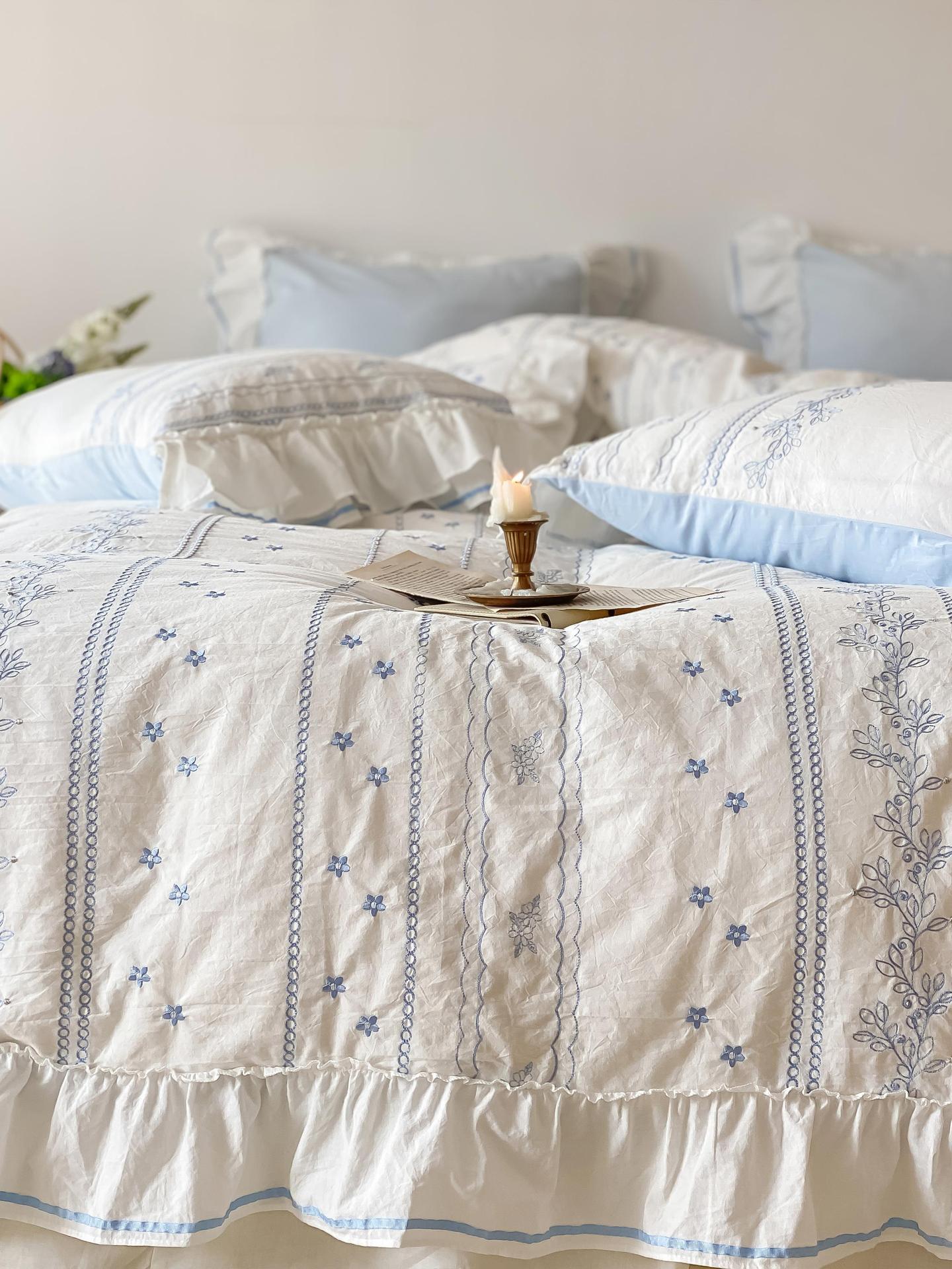 Embroided French Lace Ruffle Bedding Set